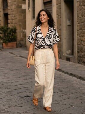 Le Raganne Made in Italy Black & White Abstract Linen Cropped Blouse Size S